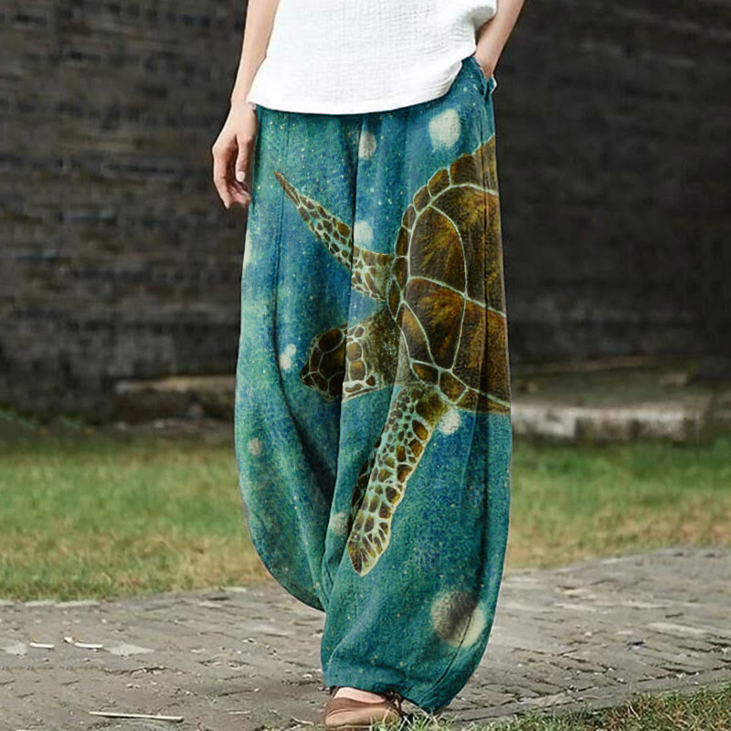 Ombre Sea Turtle Watercolor Painting Print Casual Pants - Lake Blue - 5XL - image 1