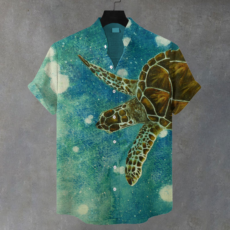Ombre Sea Turtle Watercolor Painting Print Casual Shirt - Lake Blue - 5XL - image 1