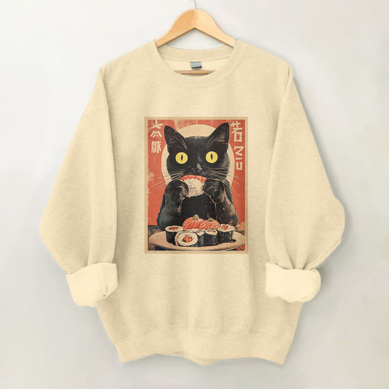 100% Cotton Cat Sushi Lover Print Round Neck Casual Fleece Sweatshirt - Apricot - 2XL - image 2