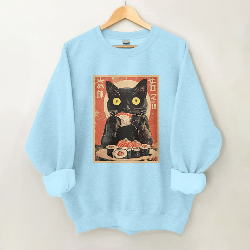 100% Cotton Cat Sushi Lover Print Round Neck Casual Fleece Sweatshirt - Blue - 2XL - image 1