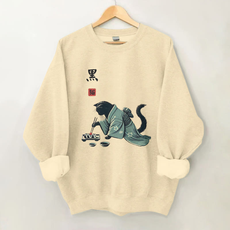 100% Cotton Traditional Cat Eating Sushi Print Round Neck Casual Fleece Sweatshirt - Apricot - 2XL - image 1