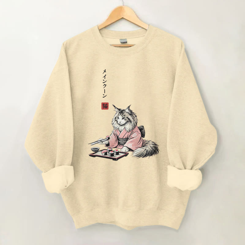 100% Cotton Maine Cat With Sushi Print Round Neck Casual Fleece Sweatshirt - Apricot - 2XL - image 1
