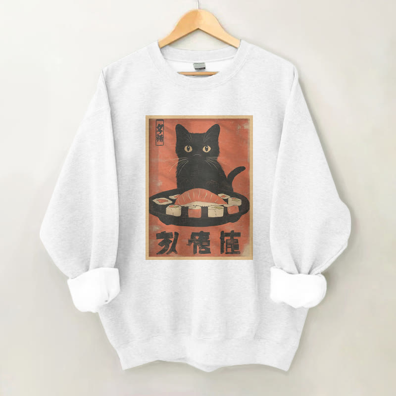 100% Cotton Vintage Cat Sushi Plate Print Round Neck Casual Fleece Sweatshirt - White - 2XL - image 1