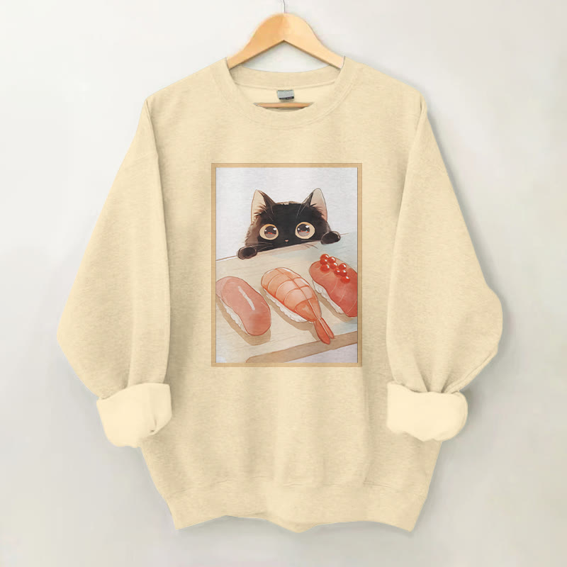 100% Cotton Cute Cat Watching Sushi Print Round Neck Casual Fleece Sweatshirt - Apricot - 2XL - image 1