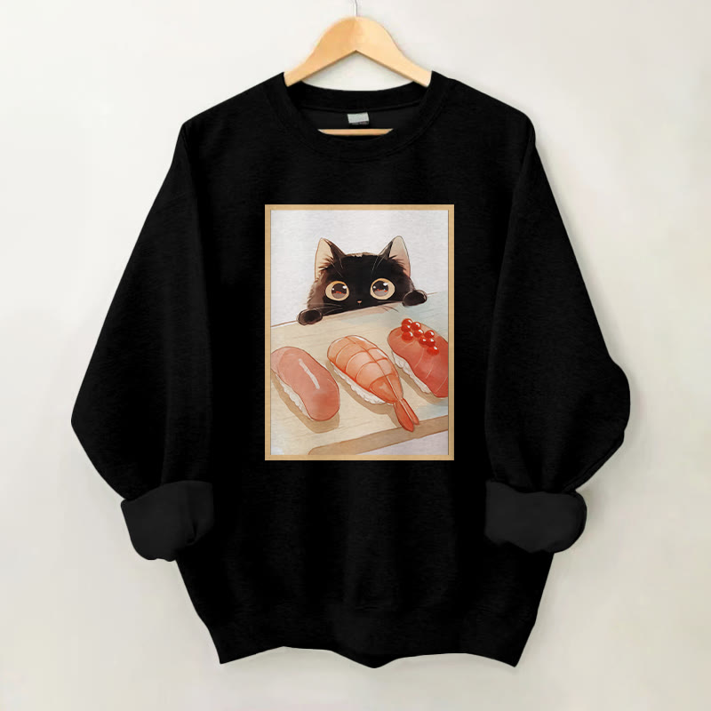 100% Cotton Cute Cat Watching Sushi Print Round Neck Casual Fleece Sweatshirt - Black - 2XL - image 3