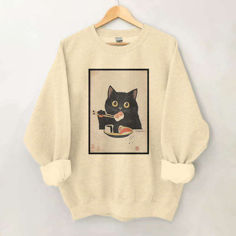 100% Cotton Chopstick Cat Sushi Print Round Neck Casual Fleece Sweatshirt - Apricot - 2XL - image 1