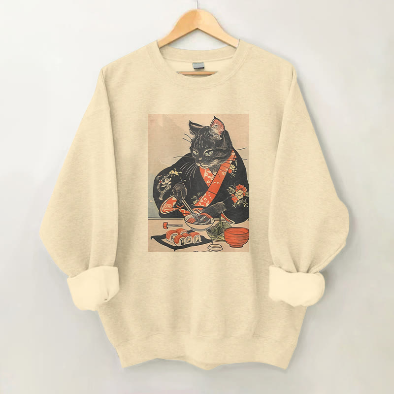 100% Cotton Kimono Cat With Sushi Print Round Neck Casual Fleece Sweatshirt - Apricot - 2XL - image 1