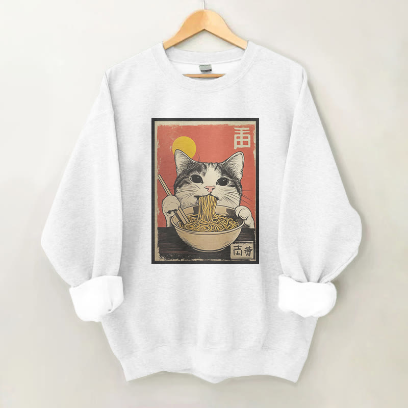 100% Cotton Cat Enjoying Ramen Print Round Neck Casual Fleece Sweatshirt - White - 2XL - image 1