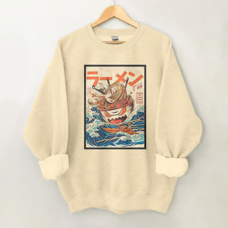 100% Cotton Funny Ramen Wave Art Print Round Neck Casual Fleece Sweatshirt - Apricot - 2XL - image 1
