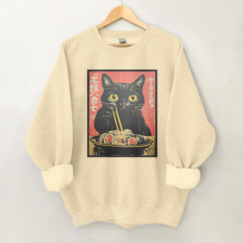 100% Cotton Funny Cat With Ramen Print Round Neck Casual Fleece Sweatshirt - Apricot - 2XL - image 1