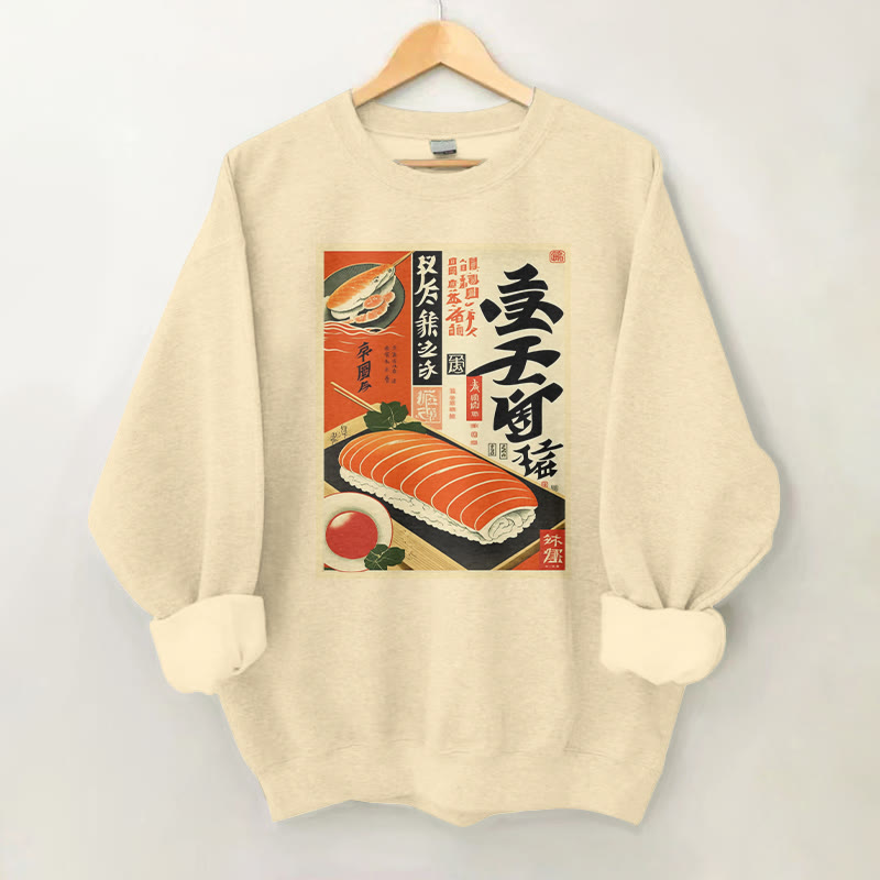 100% Cotton Retro Sushi Advertisement Print Round Neck Casual Fleece Sweatshirt - Apricot - 2XL - image 1