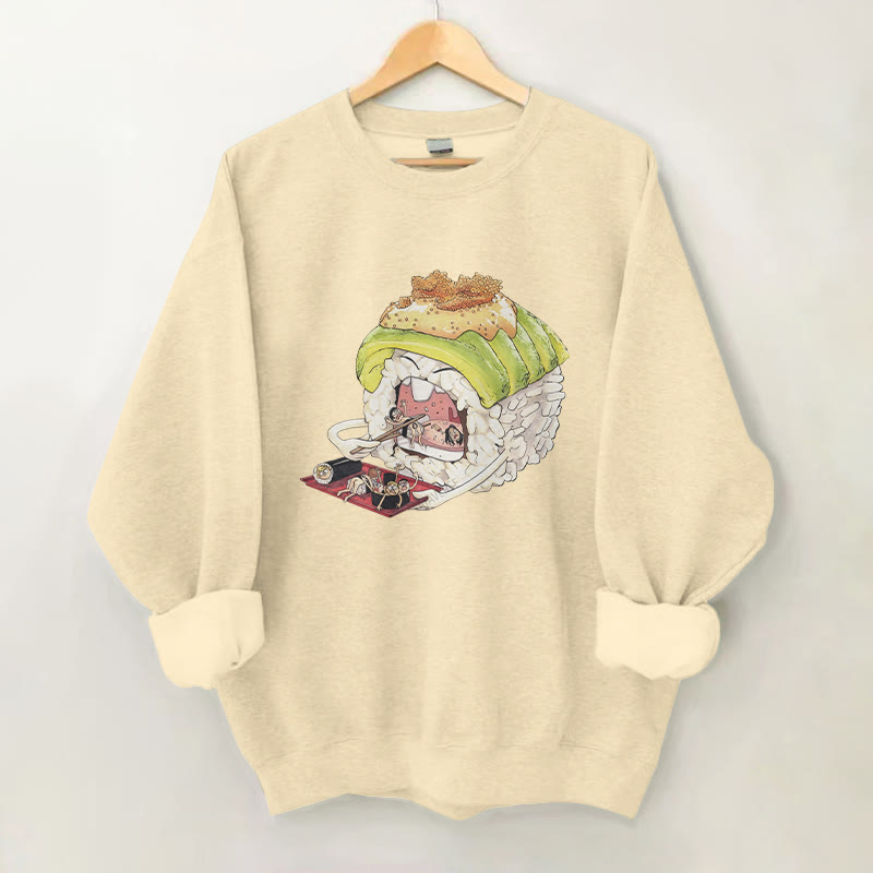 100% Cotton Creative Sushi Eating Print Round Neck Casual Fleece Sweatshirt - Apricot - 2XL - image 1