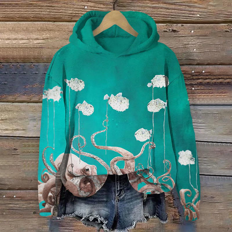 Octopus Pufferfish Watercolor Art Print Long Sleeve Hoodie - Lake Blue - 8XL - image 1