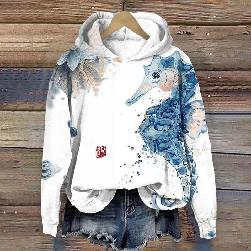 Seahorse Watercolor Sfumato Art Print Long Sleeve Hoodie - White - 8XL - image 1