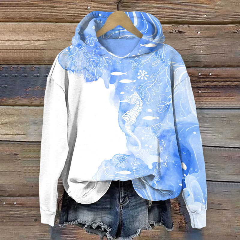 Seahorse Underwater Plants Watercolor Smudge Art Print Long Sleeve Hoodie - Light Blue - 8XL - image 1
