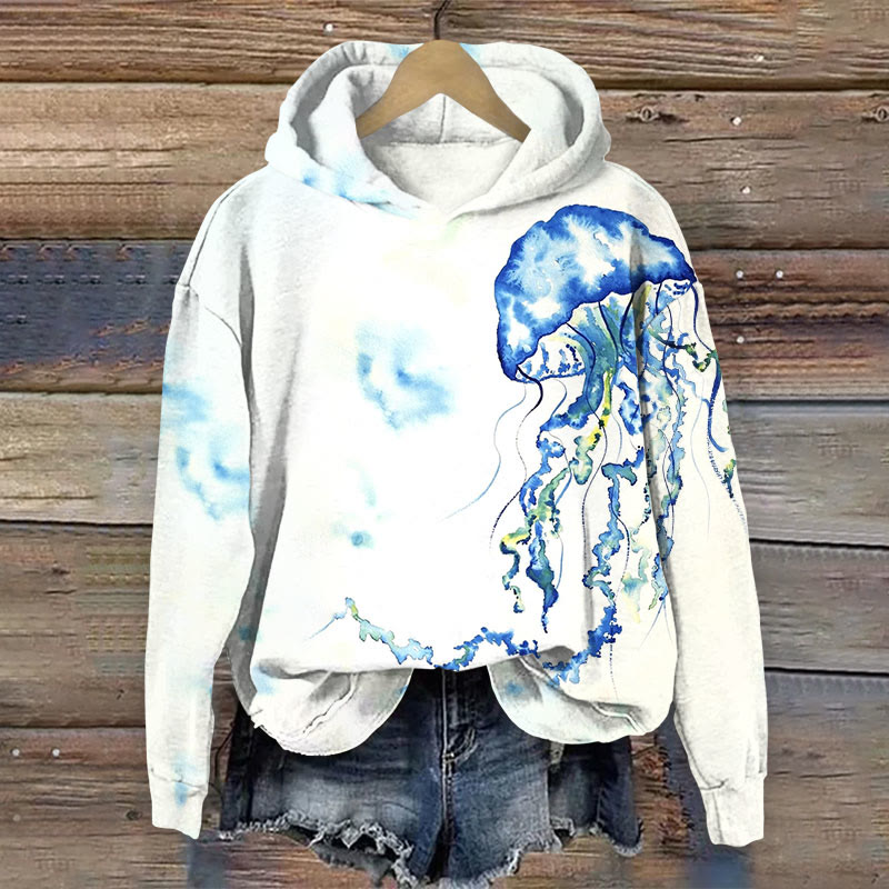 Jellyfish Watercolor Sfumato Art Print Long Sleeve Hoodie - White - 8XL - image 1