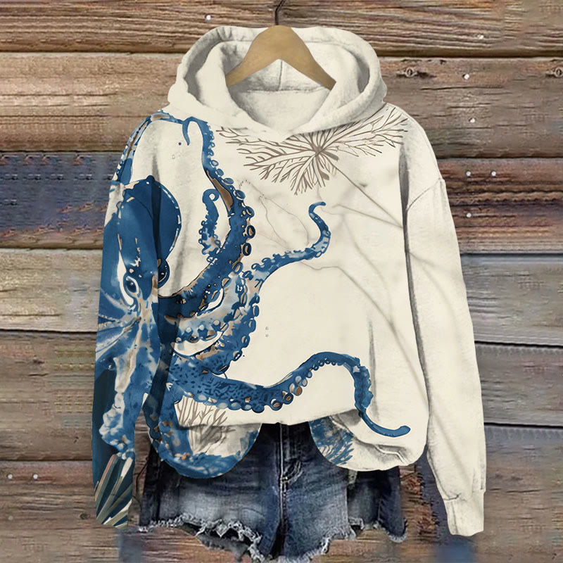 Kraken Octopus Art Print Long Sleeve Hoodie - Beige - 8XL - image 1