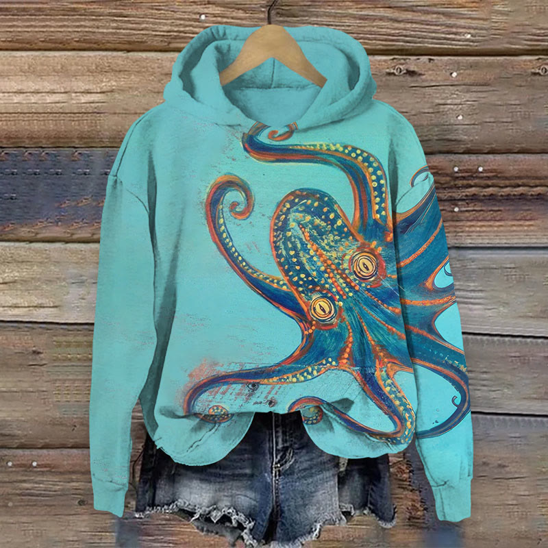 Curious Octopus Art Print Long Sleeve Hoodie - Green - 8XL - image 1