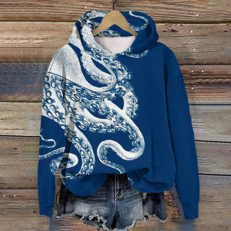 Japanese Art Blue Octopus Pattern  Long Sleeve Hoodie - Blue - 8XL - image 1