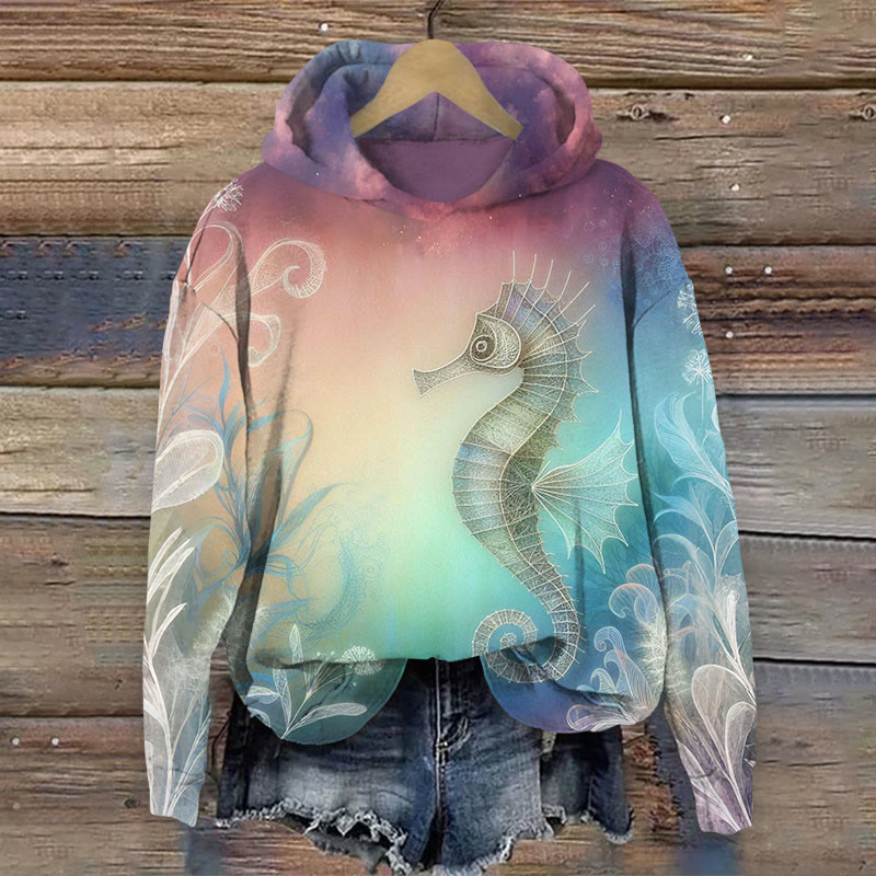 Fantasy Gradient Seahorse Art Print Long Sleeve Hoodie - Multicolor - 8XL - image 1