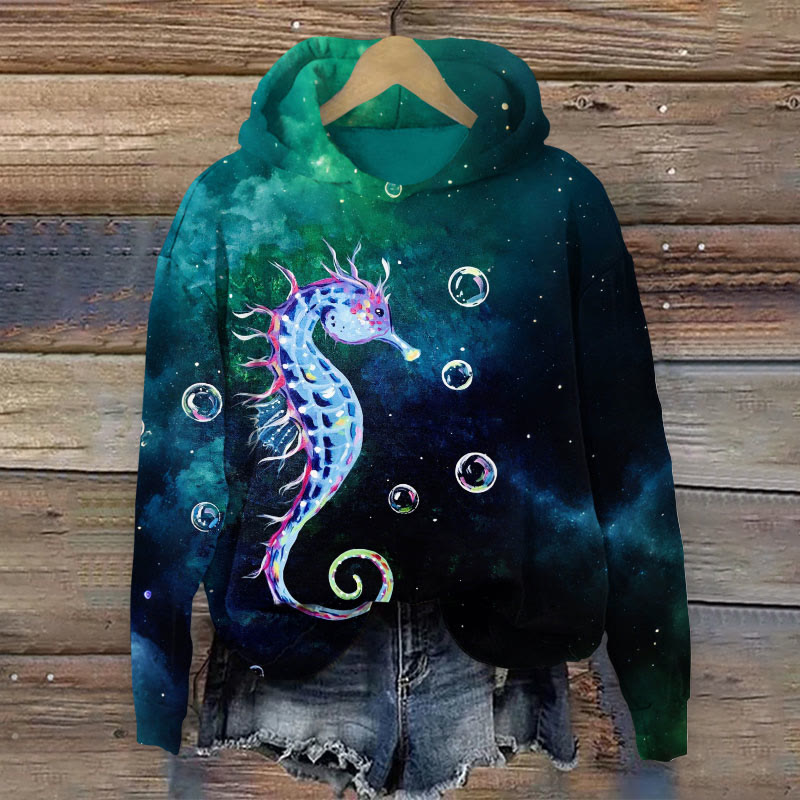 Ombre Seahorse Bubble Acrylic Paintings Art Print Long Sleeve Hoodie - Dark Green - 8XL - image 1