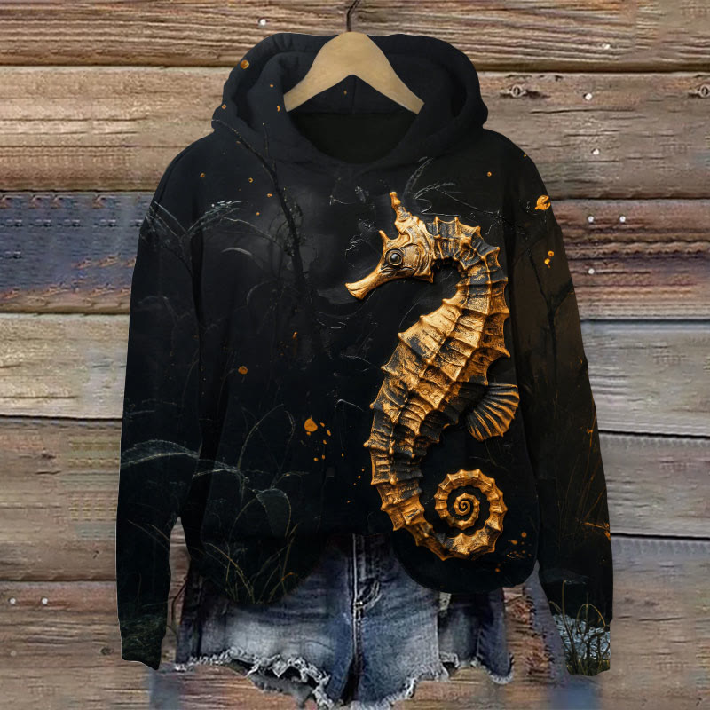 Dark Metal Seahorse Art Print Long Sleeve Hoodie - Black - 8XL - image 1