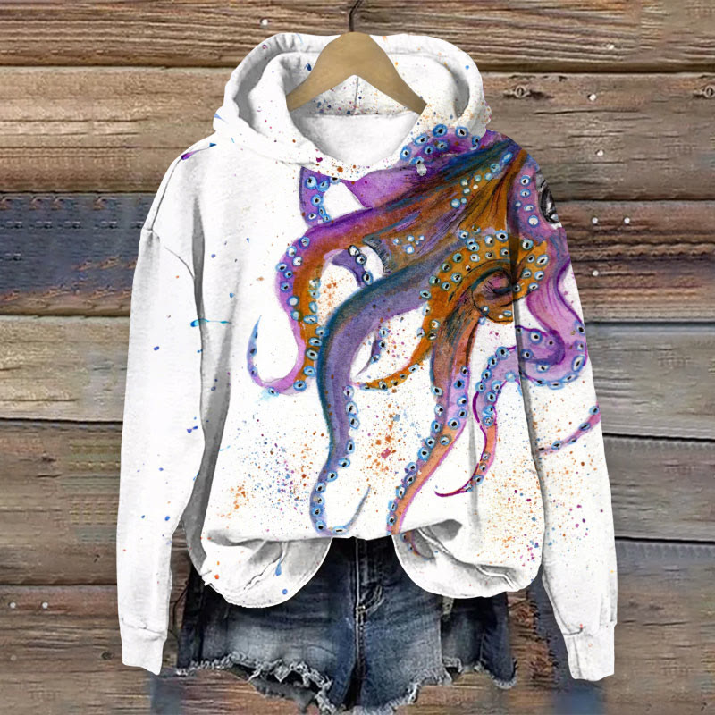 Watercolor Colorful Octopus Art Print Long Sleeve Hoodie - White - 8XL - image 1