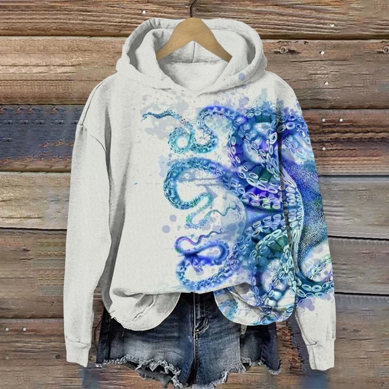 Watercolor Sfumato Octopus Art Print Long Sleeve Hoodie - Blue - 8XL - image 1