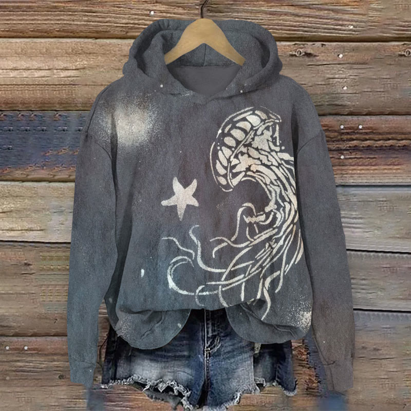 Jellyfish And Starfish Art Print Long Sleeve Hoodie - Grey - 8XL - image 1
