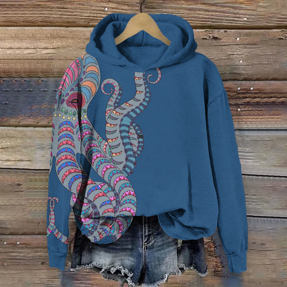 Vintage Totem Abstract Octopus Print Long Sleeve Hoodie - Blue - 8XL - image 1