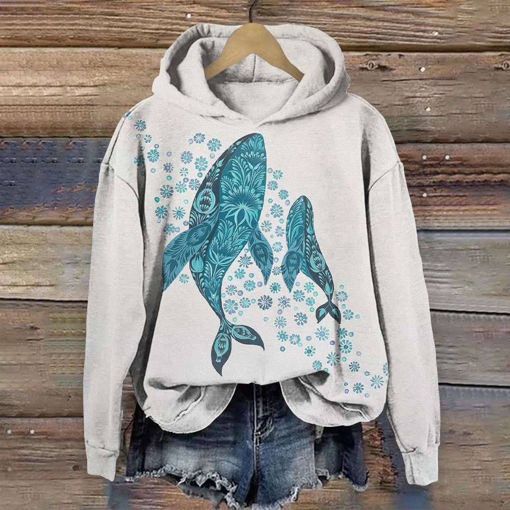 Vintage Totem Floral Whale Print Long Sleeve Hoodie - Light Gray - 8XL - image 1