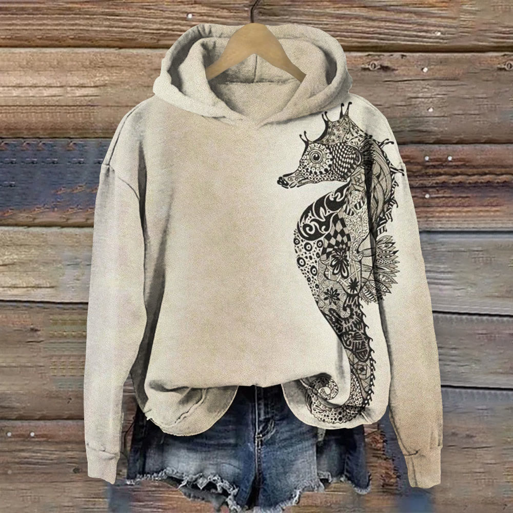 Vintage Sfumato Totem Seahorse Print Long Sleeve Hoodie - Beige - 8XL - image 1
