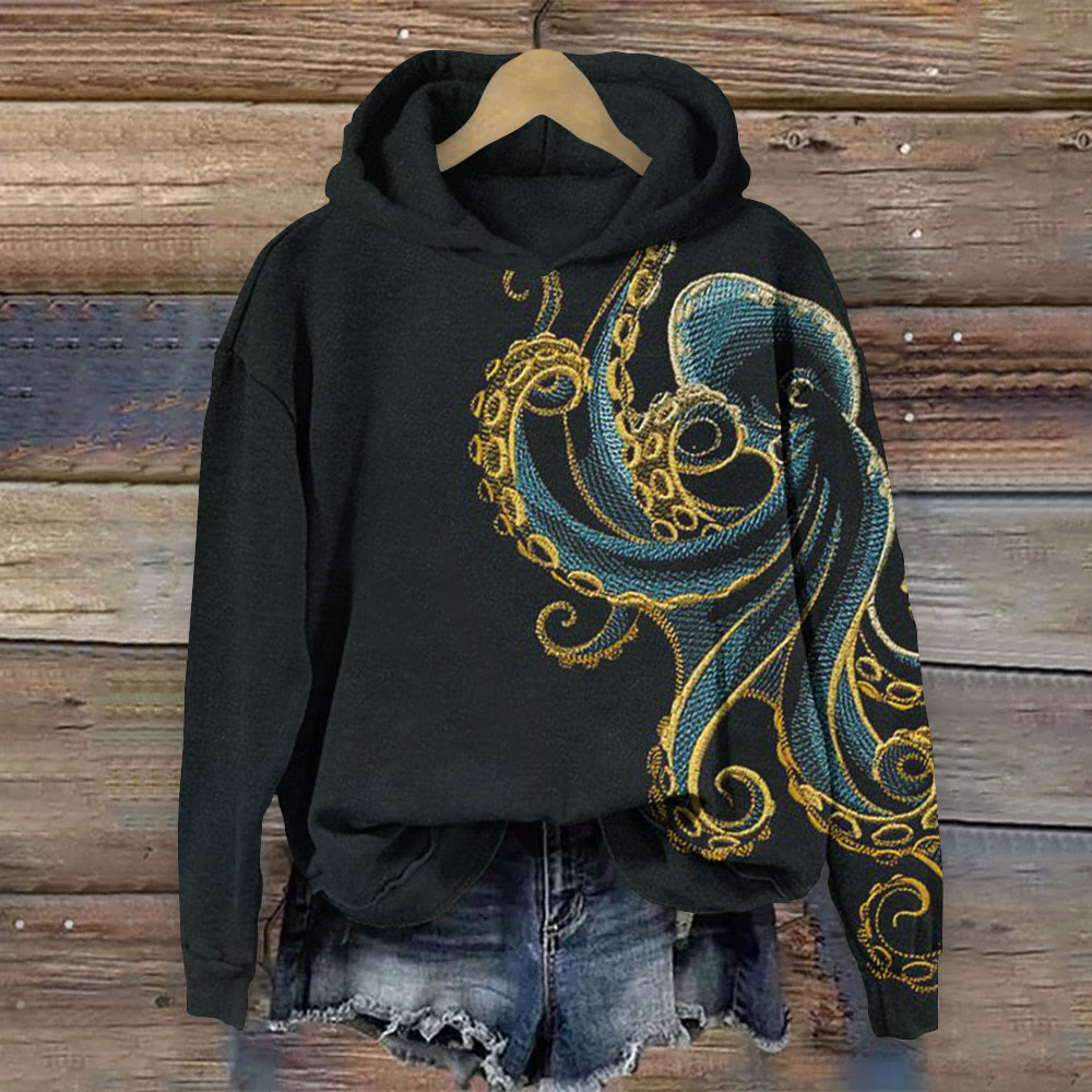 Vintage Octopus Print Long Sleeve Hoodie - Black - 8XL - image 1