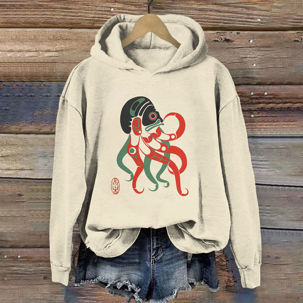 Vintage Totem Octopus Print Long Sleeve Hoodie - Apricot - 8XL - image 1