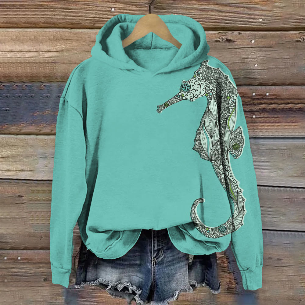 Vintage Totem Seahorse Print Long Sleeve Hoodie - Lake Blue - 8XL - image 1