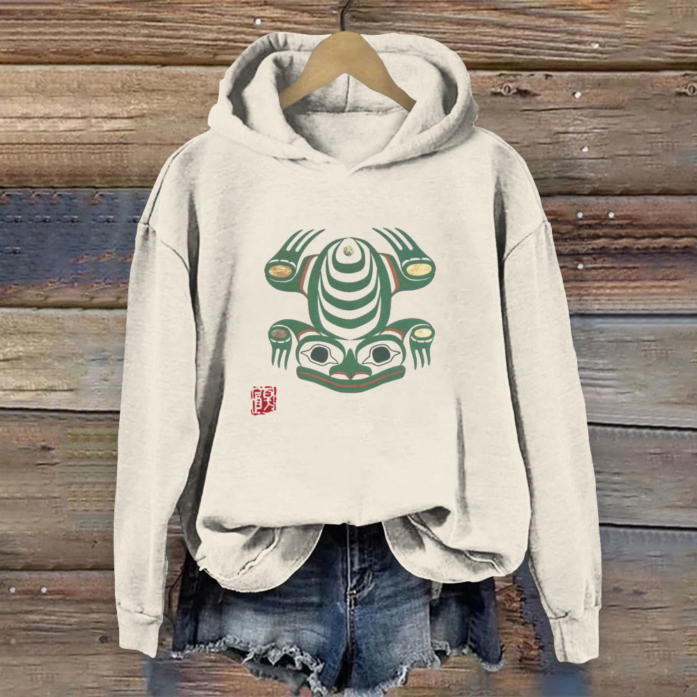 Retro Totem Frog Print Long Sleeve Hoodie - Beige - 8XL - image 1