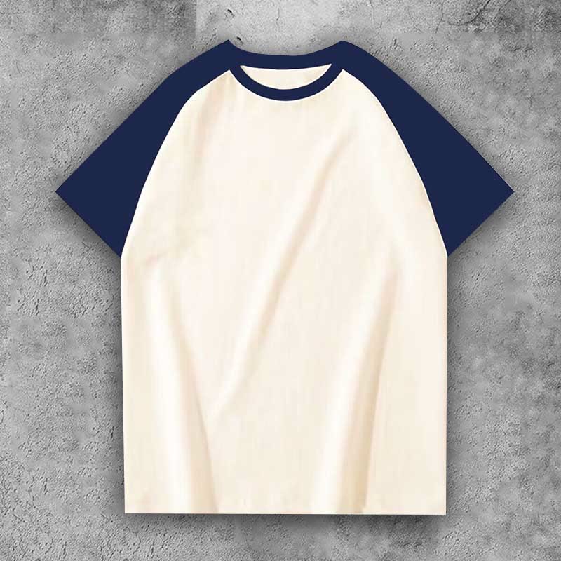 100% Cotton Contrast Solid Color Raglan Sleeve T-shirt - Navy+apricot - 3XL - image 2