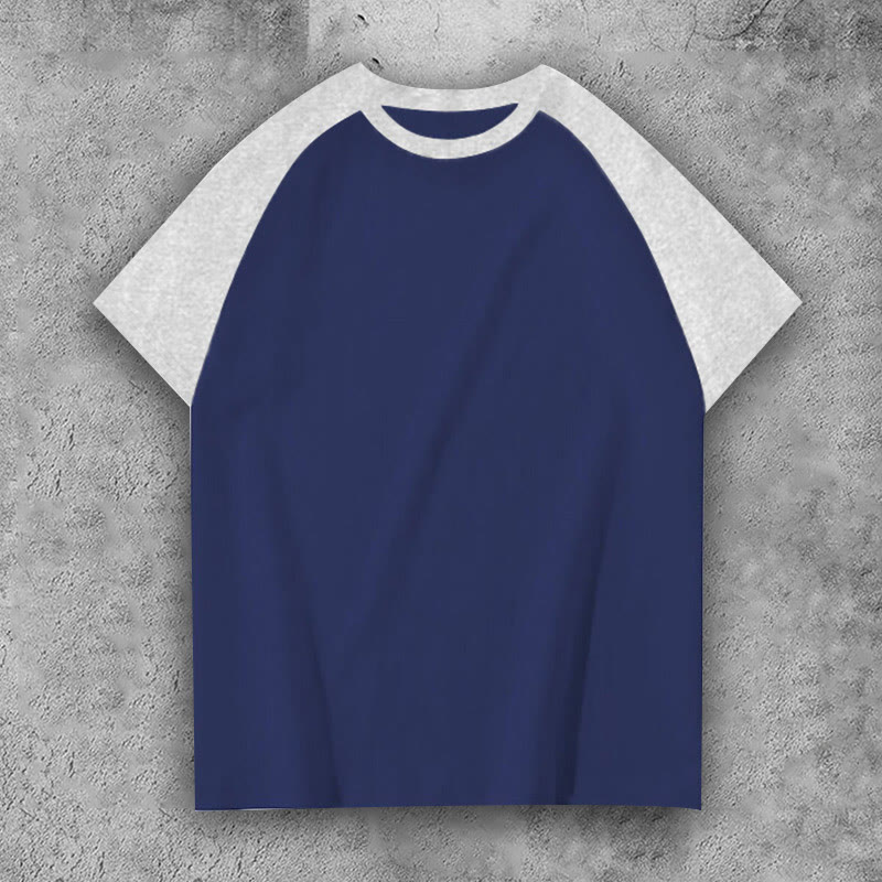100% Cotton Contrast Solid Color Raglan Sleeve T-shirt - White gray+navy blue - 3XL - image 1