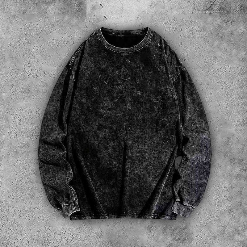 100% Cotton Solid Color Acid Washed Long Sleeve T-shirt - Black - 3XL - image 1