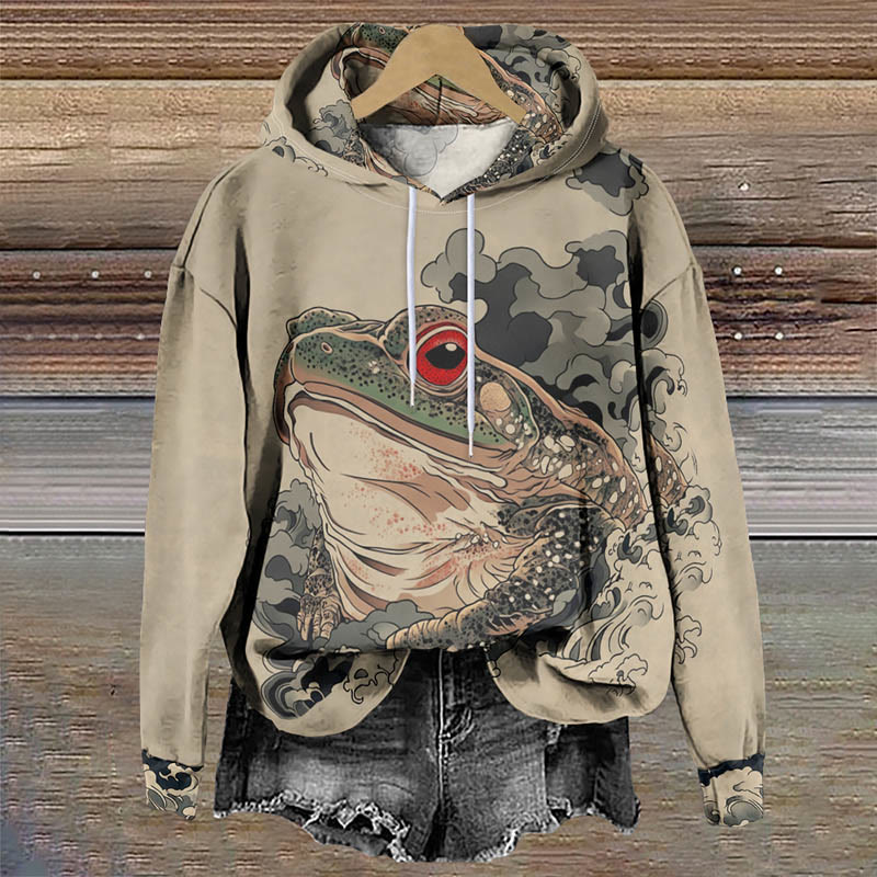 Women's Japanese Watercolor Red Eye Frog Print Long Sleeve Hoodie - Khaki - 8XL - image 1