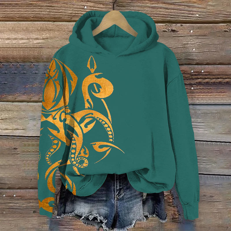 Retro Ethnic Totem Metal Squid Print Long Sleeve Hoodie - Green - 8XL - image 1