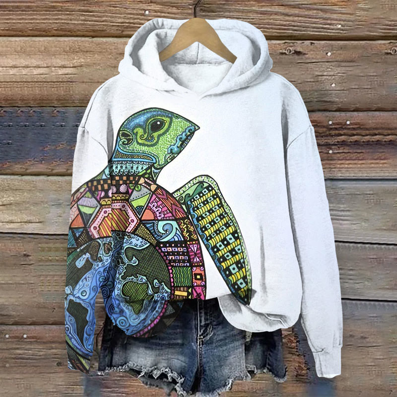 Retro Ethnic Style Multi-color Turtle Art Print Long Sleeve Hoodie - White - 8XL - image 1