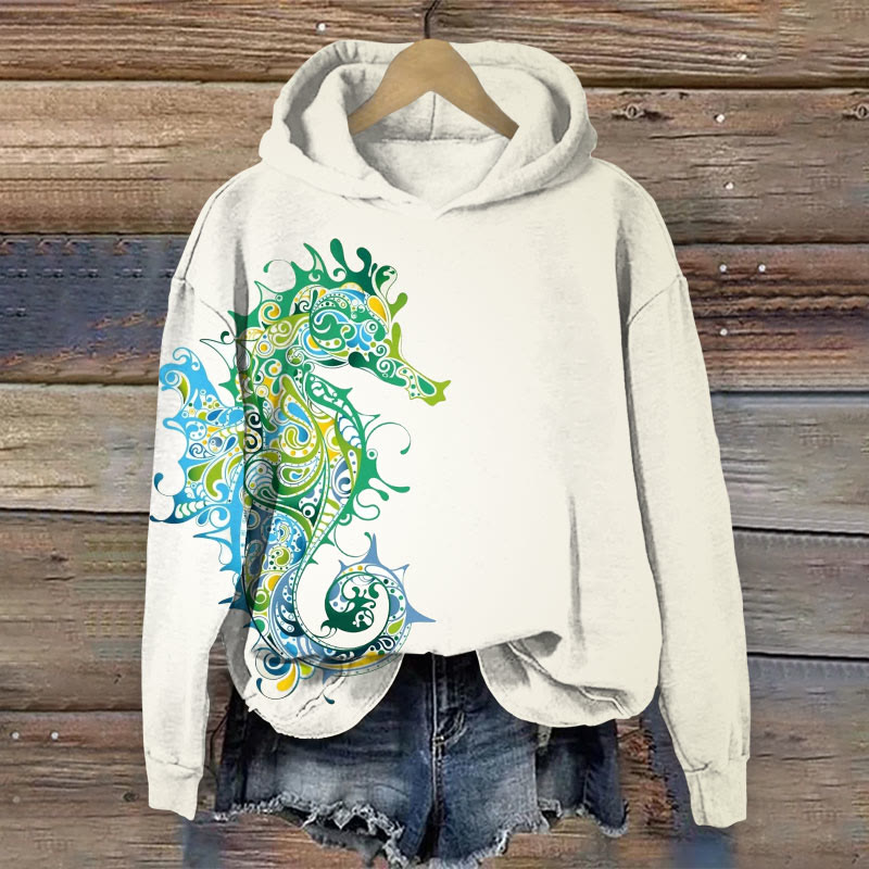 Retro Totem Multicolor Ombre Mandala Seahorse Art Print Long Sleeve Hoodie - Beige - 8XL - image 1