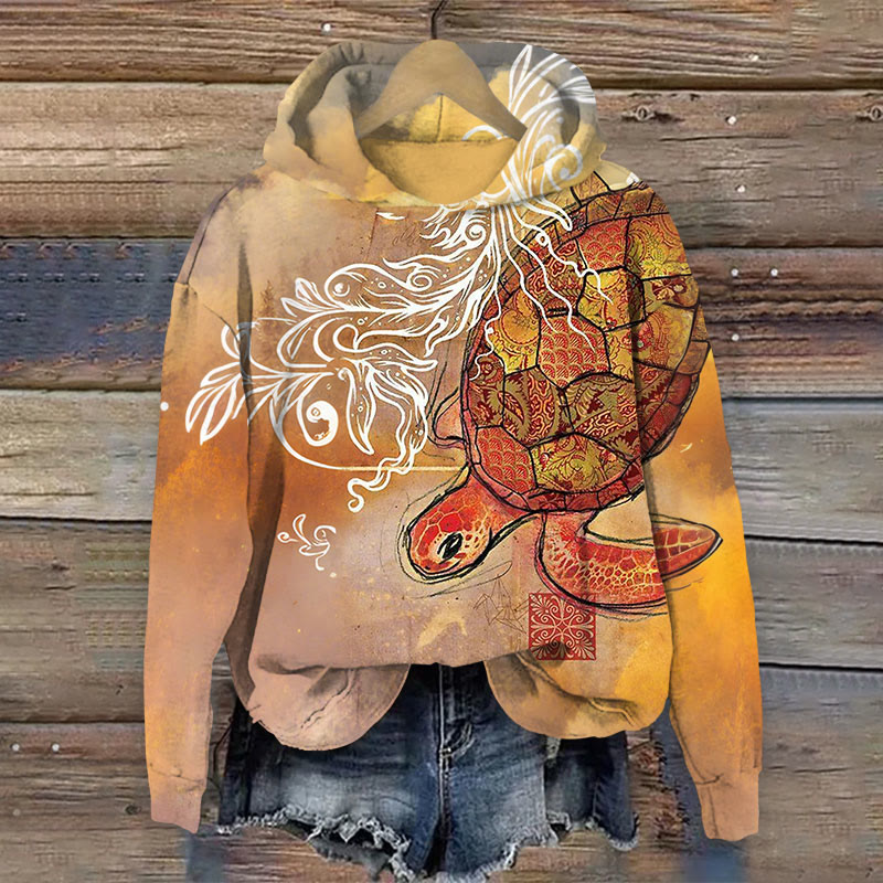 Retro Japanese Traditional Totem Stitching Turtle Print Long Sleeve Hoodie - Orange - 8XL - image 1