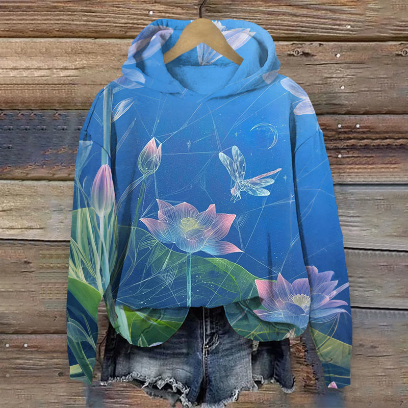 Japanese Style Midnight Lotus Pond Dragonfly Art Print Long Sleeve Hoodie - Blue - 8XL - image 1