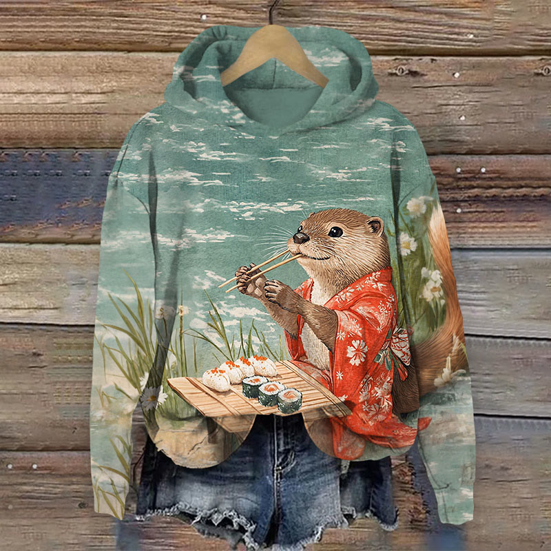 Japanese Kimono Otter Eating Sushi Art Print Long Sleeve Hoodie - Multicolor - 8XL - image 1