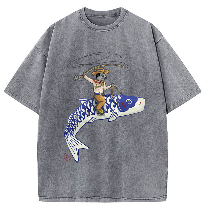 Unisex 100% Cotton Cowboy Mouse Ride Fish Print Acid Washed T-shirt - Grey - 3XL - image 2