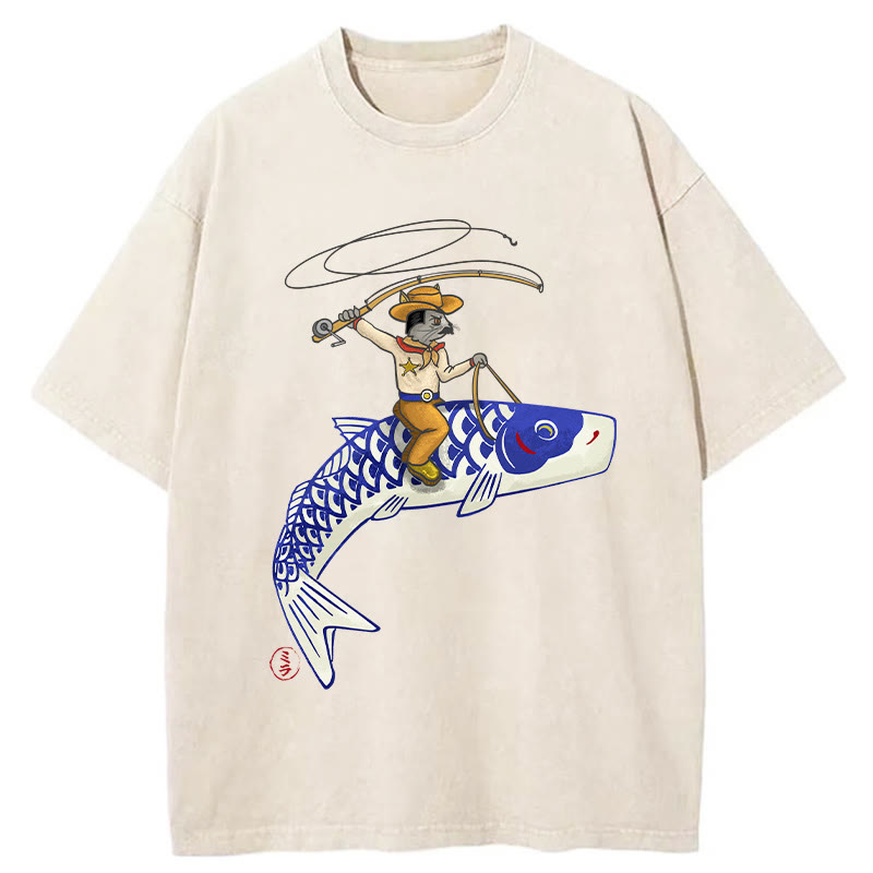 Unisex 100% Cotton Cowboy Mouse Ride Fish Print Acid Washed T-shirt - Beige - 3XL - image 1