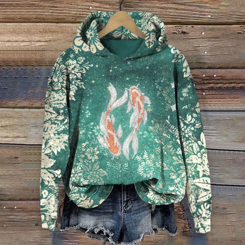 Koi And Flowers Print Long Sleeve Hoodie - Green - 8XL - image 1