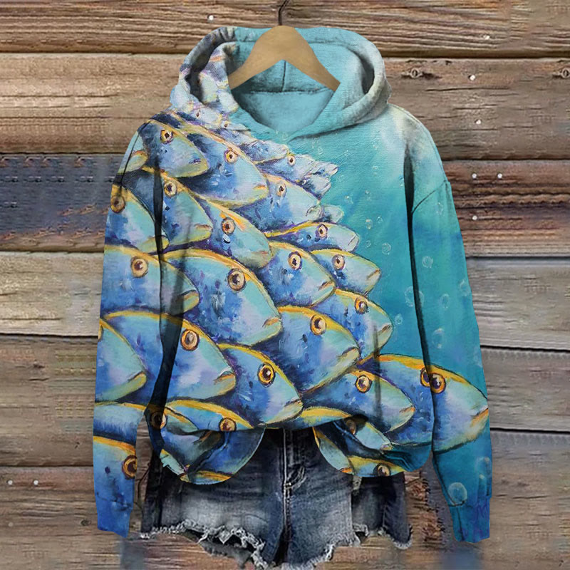 Fish Oil Painting Print Long Sleeve Hoodie - Blue - 8XL - image 1